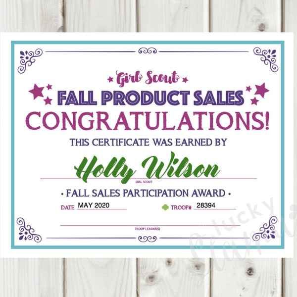 Editable Girl Scout Fall Participation Sales Certificate - Top Seller Version included