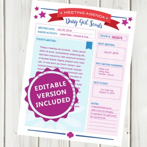 Agenda imprimible editable de la reunión de Daisy Girl Scouts