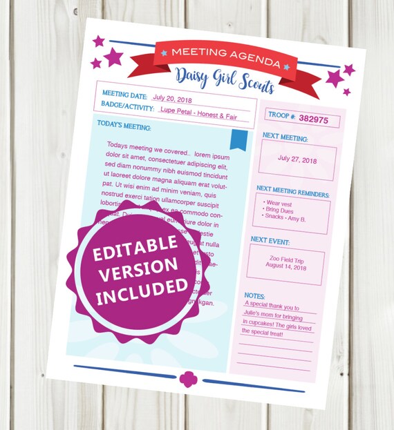 Editable Printable Daisy Girl Scout Meeting Agenda Etsy