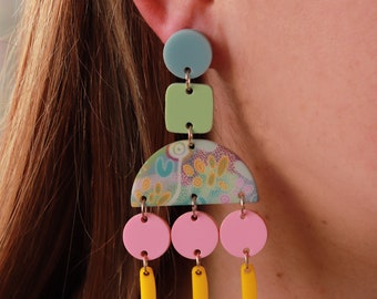 Gurawiny 'Flowers' Statement Dangle Oorbellen, inheemse kunst oorbellen, Aboriginal kunst oorbellen