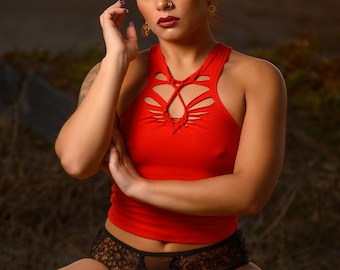OCTAVIA top | red summer festival tank top, braided boho hippie style, yoga crop top, festival outfit