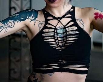MAYA top | Sexy post apocalyptic crop top | Braided festival tank top | Cut up slashed clothing | Burning Man | Tribal Pixie Wear