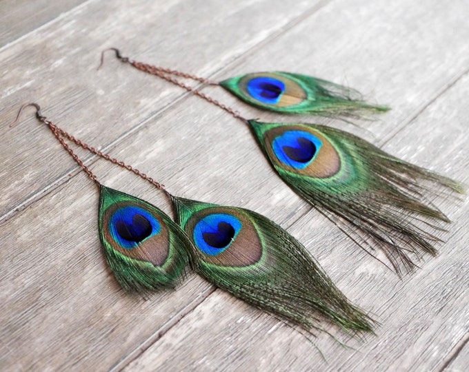 PEACOCK feather earrings | natural boho jewelry made from real feathers