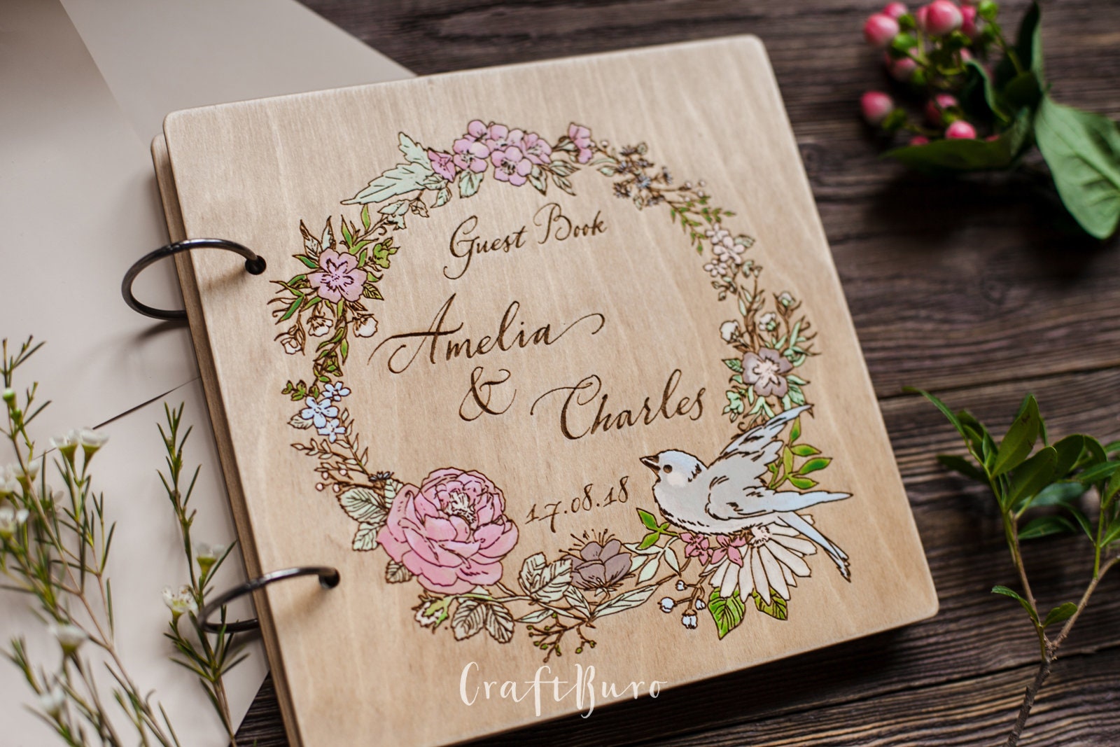 Wedding Guest Book Wood Flowers Wreath Classic Wedding Guest Etsy