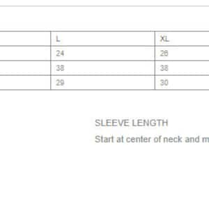 May include: A white chart displays product measurements for clothing. The chart includes chest width, sleeve length, and body length at back, with sizes ranging from S to 3XL. Measurement instructions are also provided.