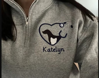 Personalized Veterinarian Quarter Zip Sweatshirt, Embroidered Dog Cat Design