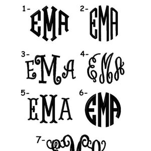 May include: A white background displays seven black 3-letter monogram font choices. The text "3-Letter Monogram Font Choices" is at the top. Each monogram features the letters "EMA" in various styles, including block, script, and circular designs.
