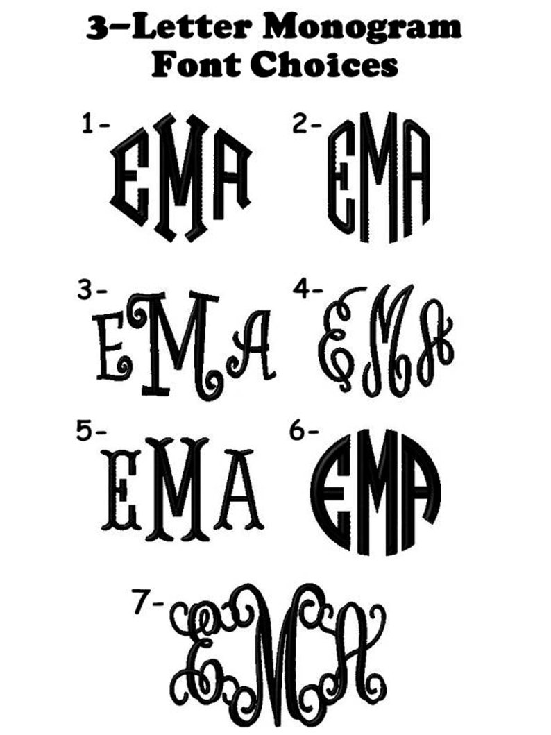 May include: A white background displays seven black 3-letter monogram font choices. The text "3-Letter Monogram Font Choices" is at the top. Each monogram features the letters "EMA" in various styles, including block, script, and circular designs.