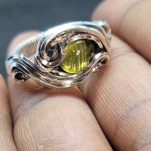 Peridot sterling silver ring • peridot freeflow ring•  peridot ring•  green crystal ring • luck ring•  prosperity ring