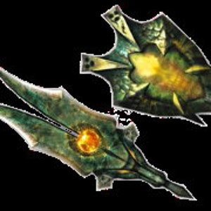 Puede incluir: Imagen detallada de un conjunto de armas de fantasía, que incluye una hoja curva y un escudo. La hoja tiene una combinación de colores verde y dorado con diseños intrincados y un orbe naranja central. El escudo refleja el diseño, con un elemento central brillante.