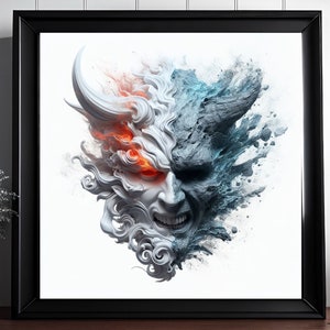 Könnte beinhalten: Ein schwarzer gerahmter Druck einer weißen und grauen abstrakten Skulptur eines Dämonengesichts mit einem roten Auge. Die Skulptur ist vor einem weißen Hintergrund platziert.