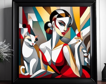 Cubism Art Print: Cats & Women, Modern Home Decor (Digital Download)