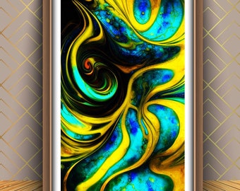 May include: Abstract painting with swirling yellow, blue, and black colors. The colors are blended together to create a dynamic and energetic design.