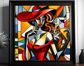 Impression d'art cubisme : portrait de femme et de chat (téléchargement numérique)