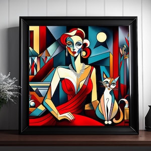 Cubism Art Print: Cats & Women, Modern Home Decor (Digital Download)