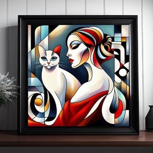 Cubism Art Print: Cats & Women, Modern Home Decor (Digital Download)