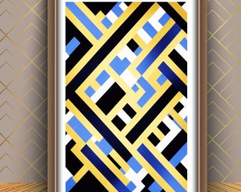 May include: A framed abstract geometric print with a black, white, gold, and blue color scheme. The print features intersecting lines and squares.