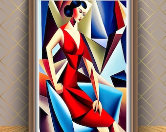 Cubism Art Print: Woman in Red Dress, Geometric Wall Decor (Digital Download)