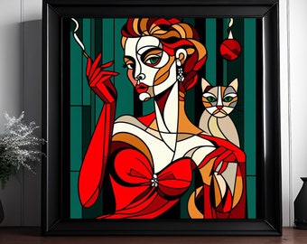 Impression d'art cubisme : portrait de chats et de femmes (téléchargement numérique)