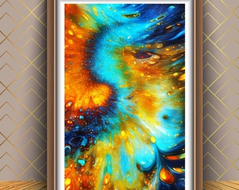 May include: Abstract painting in a wooden frame. The painting features swirling colors of blue, yellow, orange, and red. The colors are blended together to create a dynamic and energetic effect.