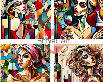 Impression d'art cubisme : série Wine & Women (téléchargement numérique)