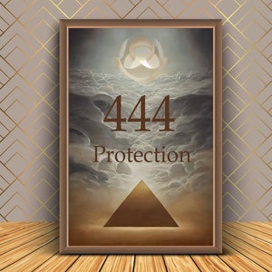 May include: A framed print with a brown background and a white cloud-like shape in the center. The number 444 is printed in brown below the shape, and the word "Protection" is printed in brown below the number. A brown pyramid is at the bottom of the print.