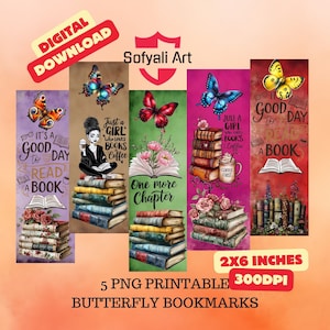 5 Cute Butterfly Digital , Printable Bookmarks ,Digital Download ,JPG Bookmark Set, PNG bookmark sublimation Digital Art ---Sofyali Art