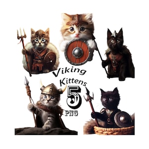 Printable Cute Viking Kittens Clipart Bundle Part3 , 5 Transparent PNG , Digital Art , Best Gift For Cat Lover , Cat Mom ---Sofyali Art