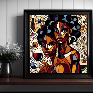 May include: A framed abstract painting of two women with colorful geometric patterns and a glass of red wine. The painting is set against a white wall.