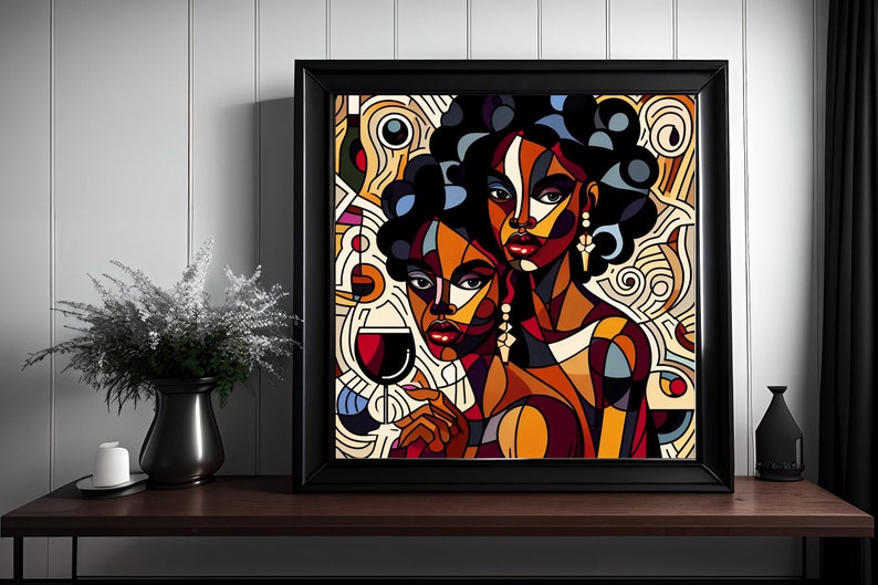 May include: A framed abstract painting of two women with colorful geometric patterns and a glass of red wine. The painting is set against a white wall.