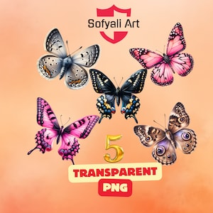 Realistic Butterfly Clipart Bundle: Black, Brown, Pink, Gray (5 Transparent PNG) (Digital Art)