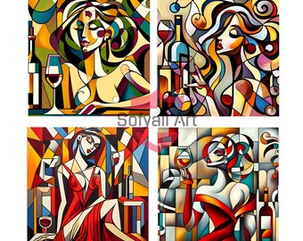Impression d'art cubisme : vin et femmes, décoration d'intérieur moderne (téléchargement numérique)