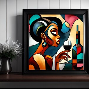 May include: Abstract painting of a woman with a glass of red wine and a bottle of wine. The painting is done in a colorful style with geometric shapes.