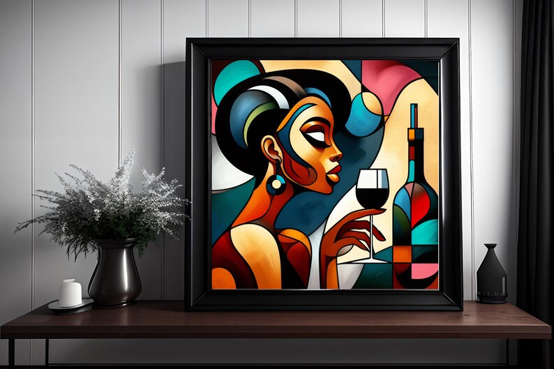May include: Abstract painting of a woman with a glass of red wine and a bottle of wine. The painting is done in a colorful style with geometric shapes.