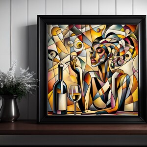May include: Abstract painting of a woman with a glass of wine and a bottle of wine. The painting is done in a colorful style with geometric shapes.