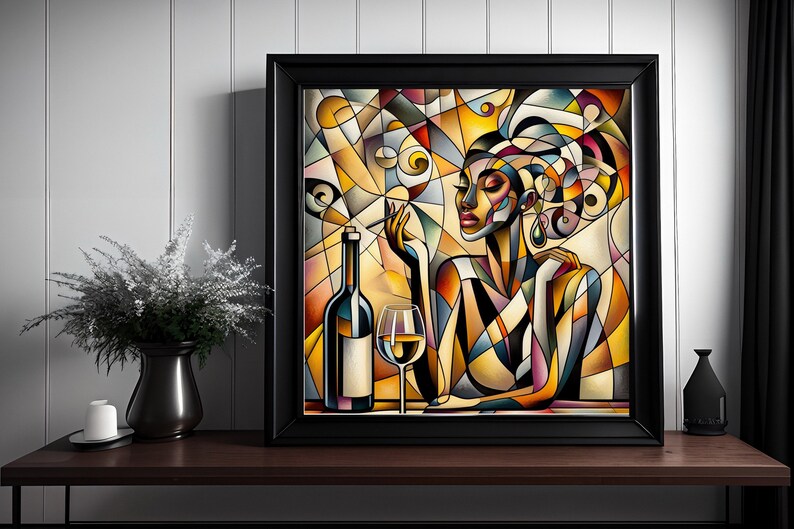 May include: Abstract painting of a woman with a glass of wine and a bottle of wine. The painting is done in a colorful style with geometric shapes.