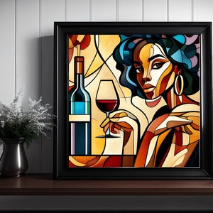 May include: Abstract painting of a woman with a blue turban, holding a glass of red wine. A bottle of wine is in the background. The painting is in a black frame.