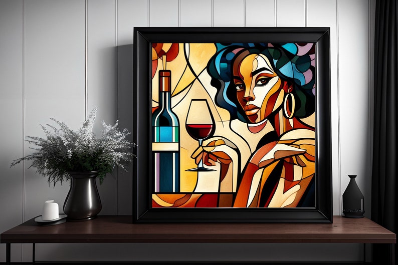 May include: Abstract painting of a woman with a blue turban, holding a glass of red wine. A bottle of wine is in the background. The painting is in a black frame.