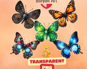 Colorful Butterfly Clipart Bundle: 5 PNG Digital Art (Digital Download)