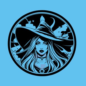 May include: Black and white illustration of a witch wearing a pointed hat with a crescent moon design. The witch has long flowing hair and is looking directly at the viewer.