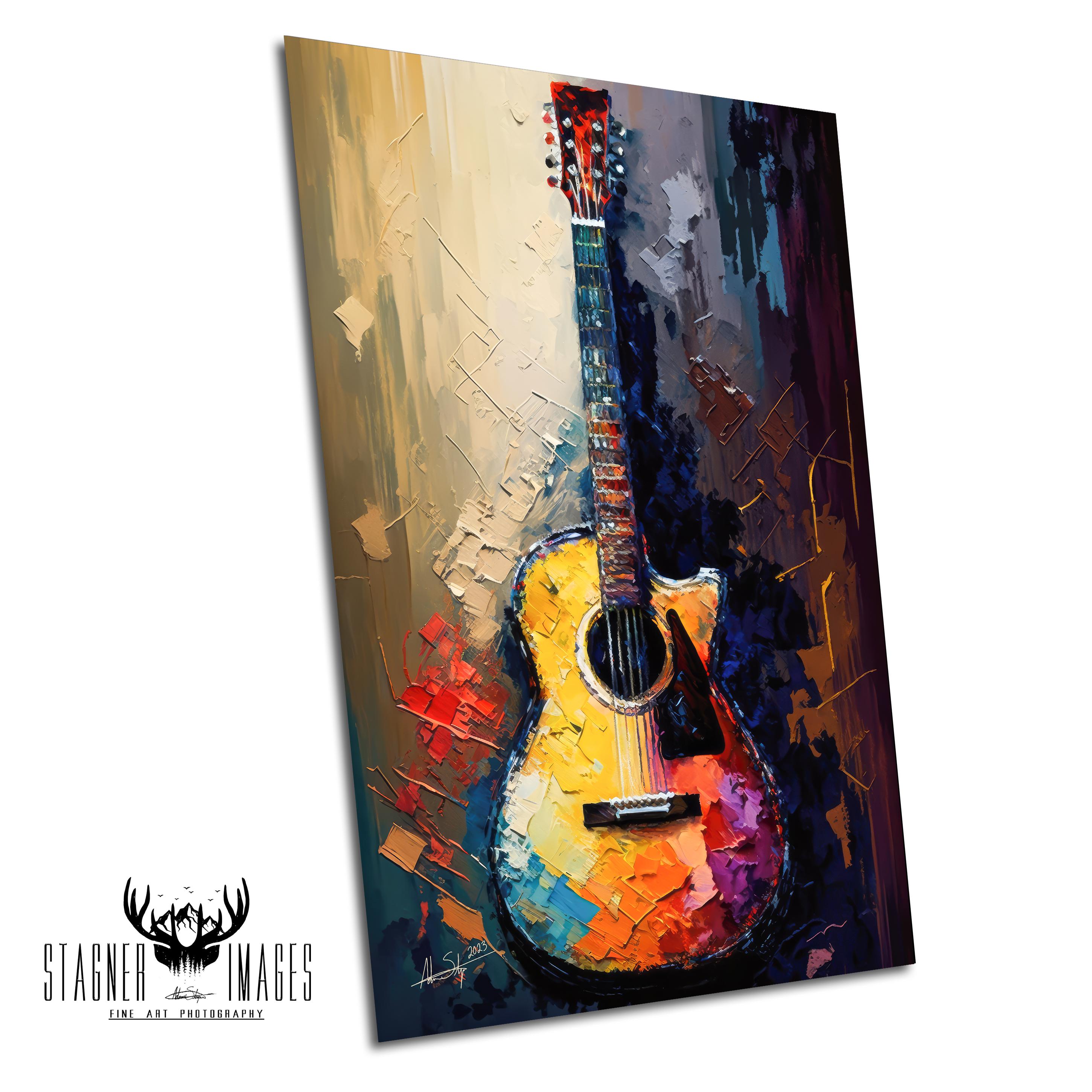 Acoustic Guitar Painting: Bright Impressionist Wall Art (canvas