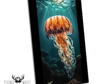 Golden Jellyfish Illuminating the Emerald Abyss: Ocean Aquatic Art
