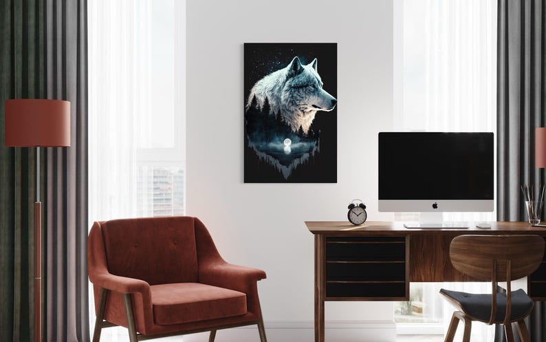 Wolf in the Night: Northern Lights Native American Double Exposure, Modern Nature Print image 7
