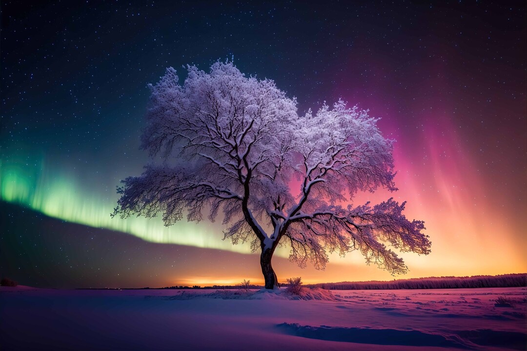 Northern Lights Tree Aurora Borealis Digital Painting Winter Wonderland