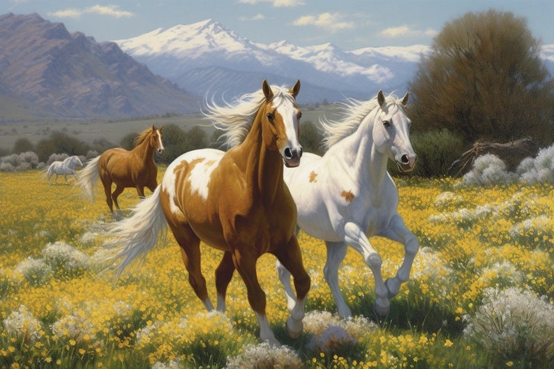 Free Spirits Horse Painting Wildlife Nature Golden Flowers Romantic
