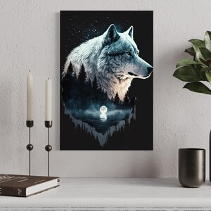 Wolf in the Night: Northern Lights Native American Double Exposure, Modern Nature Print image 2