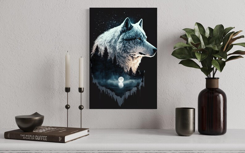 Wolf in the Night: Northern Lights Native American Double Exposure, Modern Nature Print image 2