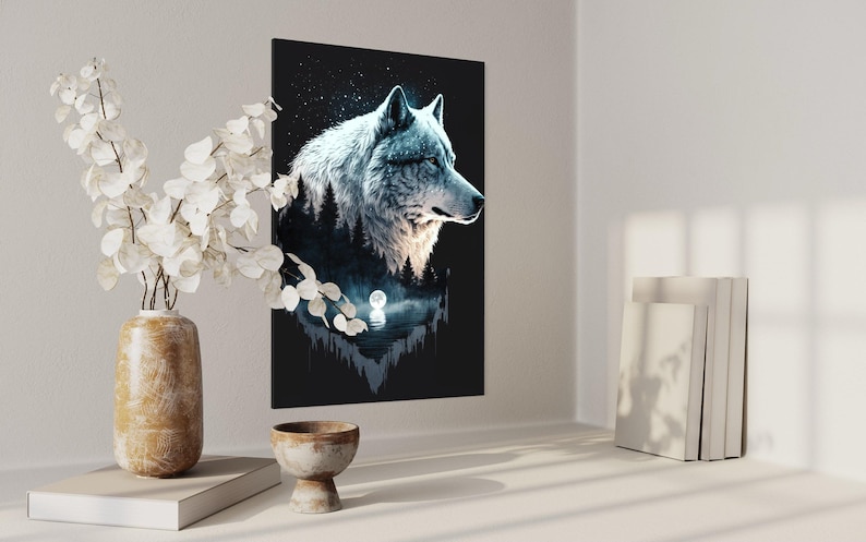 Wolf in the Night: Northern Lights Native American Double Exposure, Modern Nature Print image 9