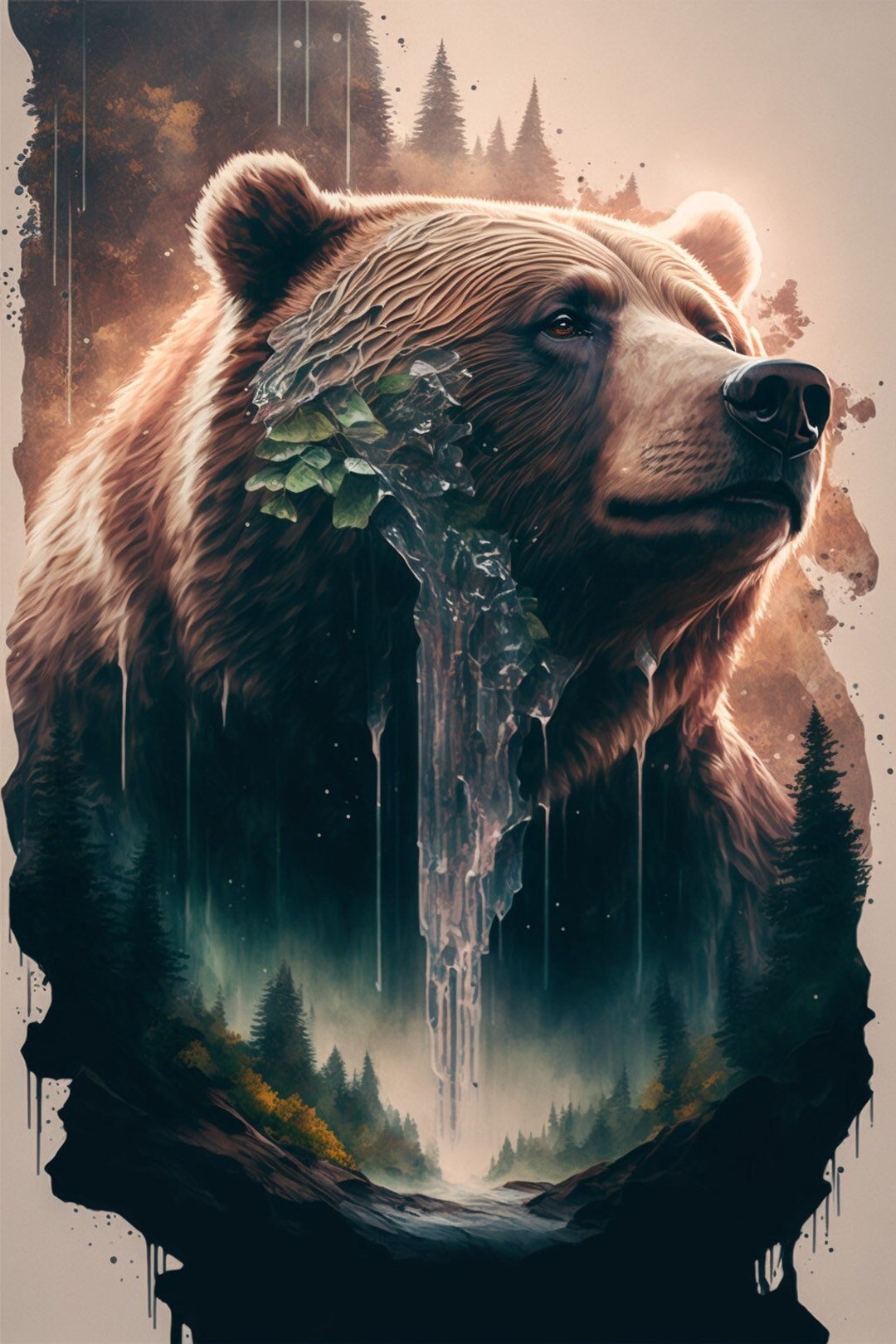 Grizzly Wisdom Double Exposure Bear Painting Nature Decor Modern Wall