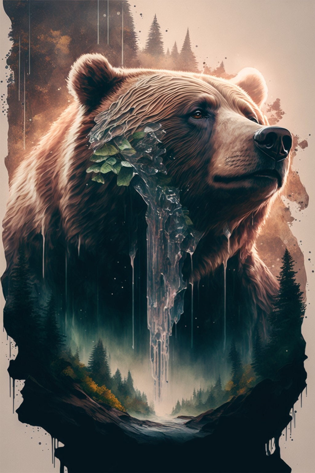 Grizzly Wisdom Double Exposure Bear Painting Nature Decor Modern